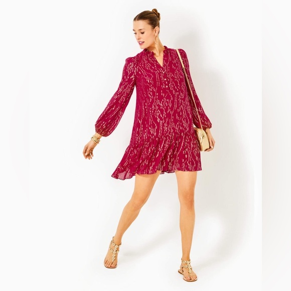 Lilly Pulitzer Dresses & Skirts - Lilly Pulitzer $278 Evaline Silk Dress Red  Gold Floral Bloom Size 4 Long Sleeve
